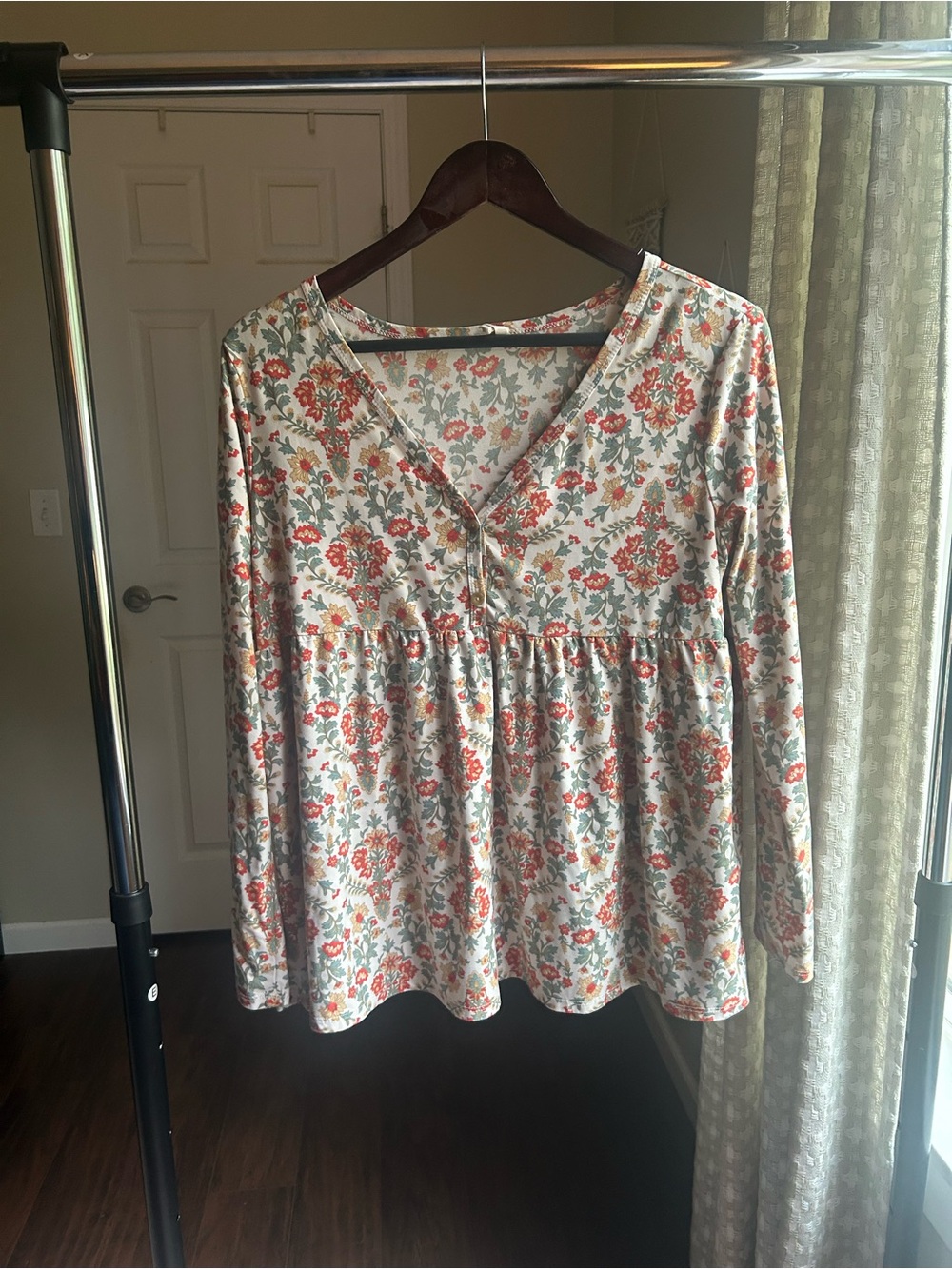 Pinkblush Cream Long-Sleeve V-Neck Tunic with Coral Floral Print